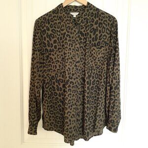 Lucky Brand Cheetah Print Long Sleeve Button Up Shirt Green/Black Size XL